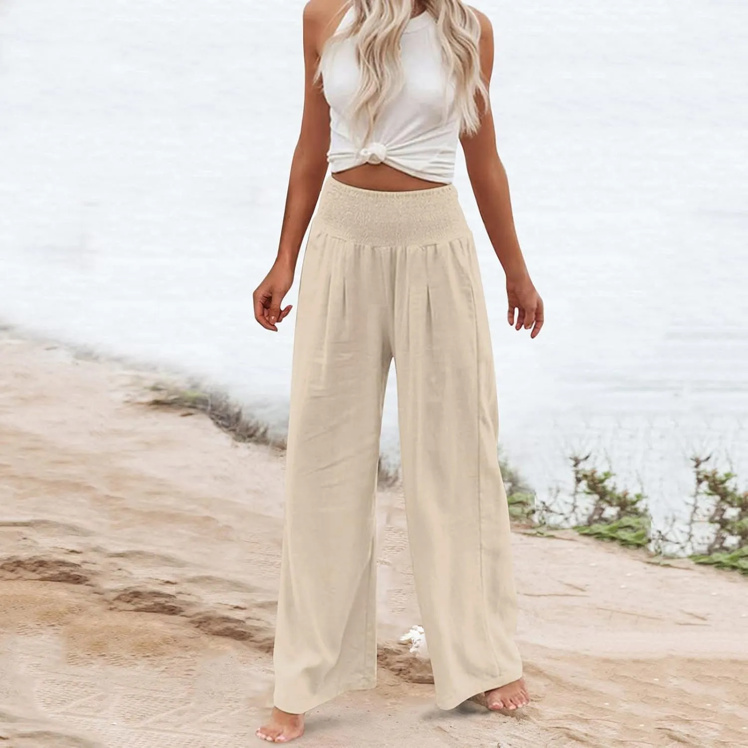 Women Summer Wide Leg Pants Cotton Linen Elastic High Waisted Palazzo Trousers Casual Loose Solid Straight Wide Leg Pants