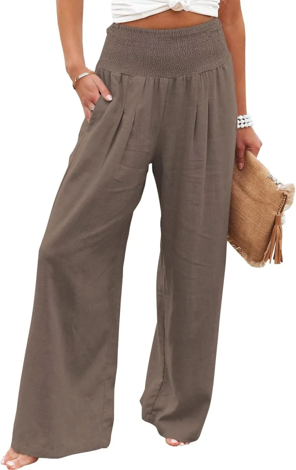 Women Summer Wide Leg Pants Cotton Linen Elastic High Waisted Palazzo Trousers Casual Loose Solid Straight Wide Leg Pants
