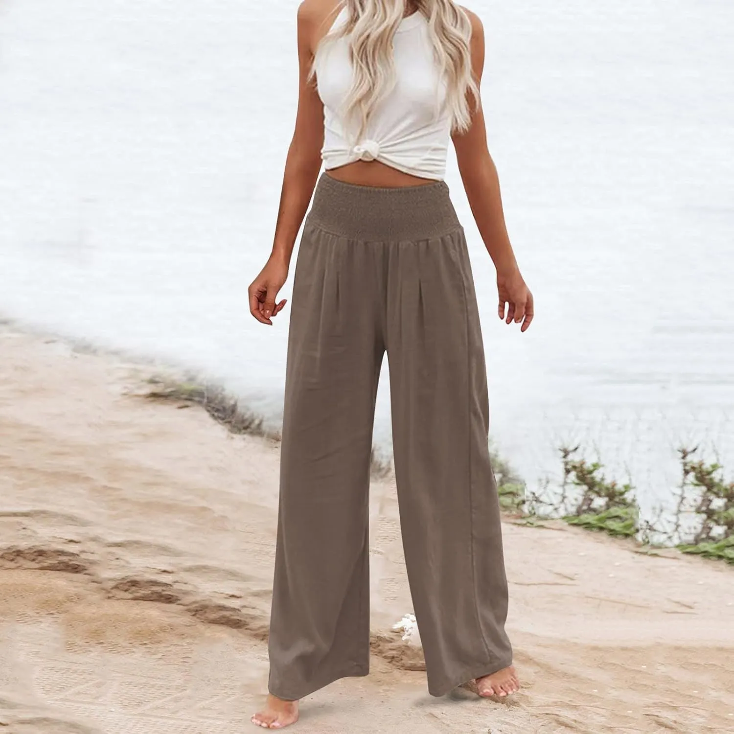 Women Summer Wide Leg Pants Cotton Linen Elastic High Waisted Palazzo Trousers Casual Loose Solid Straight Wide Leg Pants