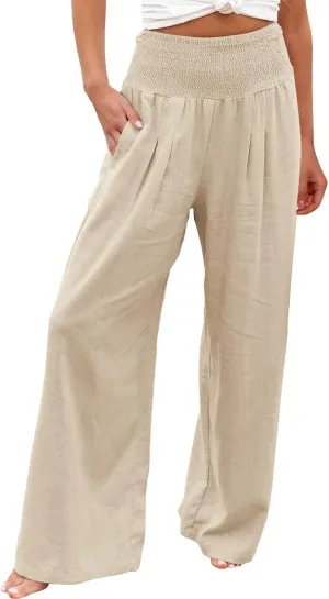 Women Summer Wide Leg Pants Cotton Linen Elastic High Waisted Palazzo Trousers Casual Loose Solid Straight Wide Leg Pants
