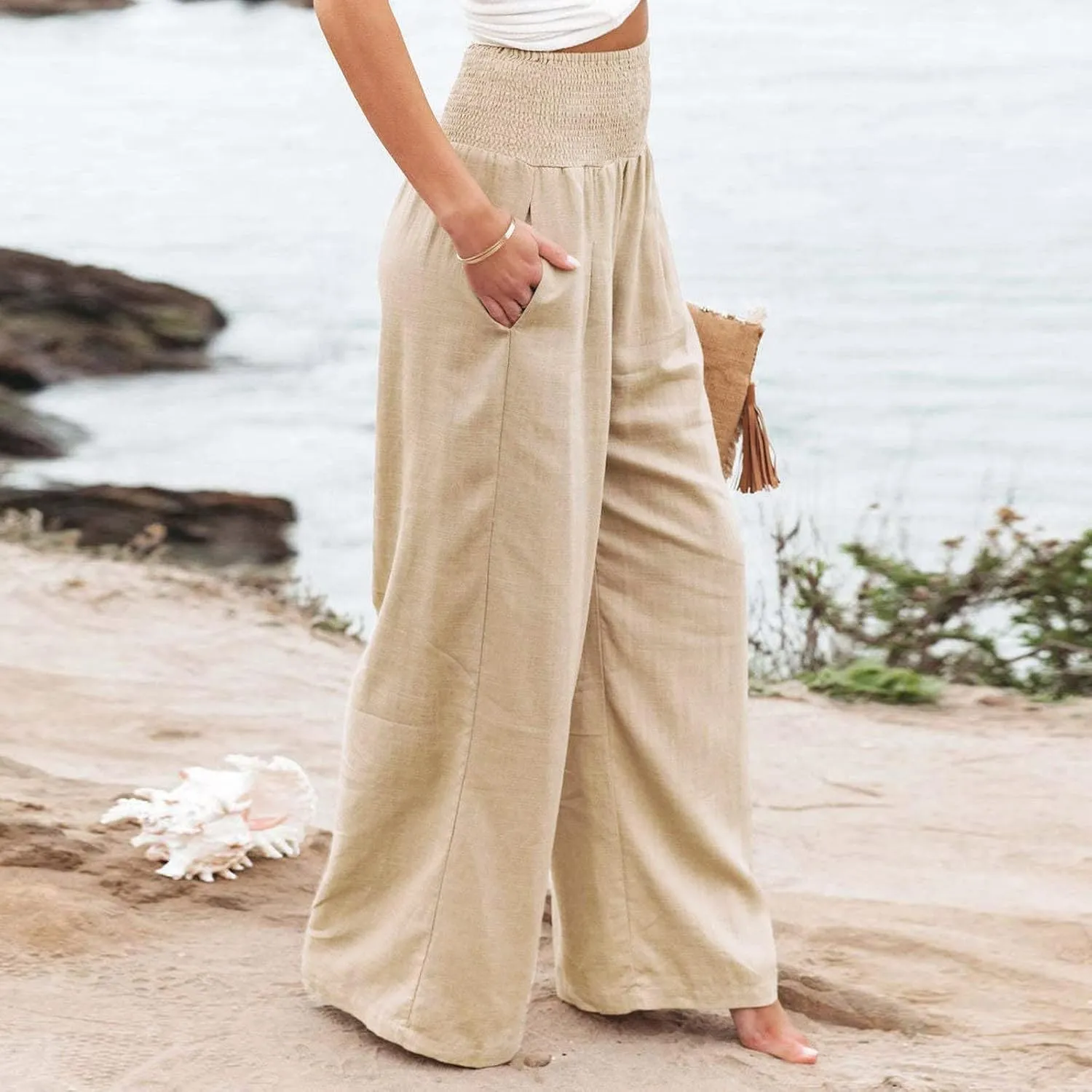 Women Summer Wide Leg Pants Cotton Linen Elastic High Waisted Palazzo Trousers Casual Loose Solid Straight Wide Leg Pants
