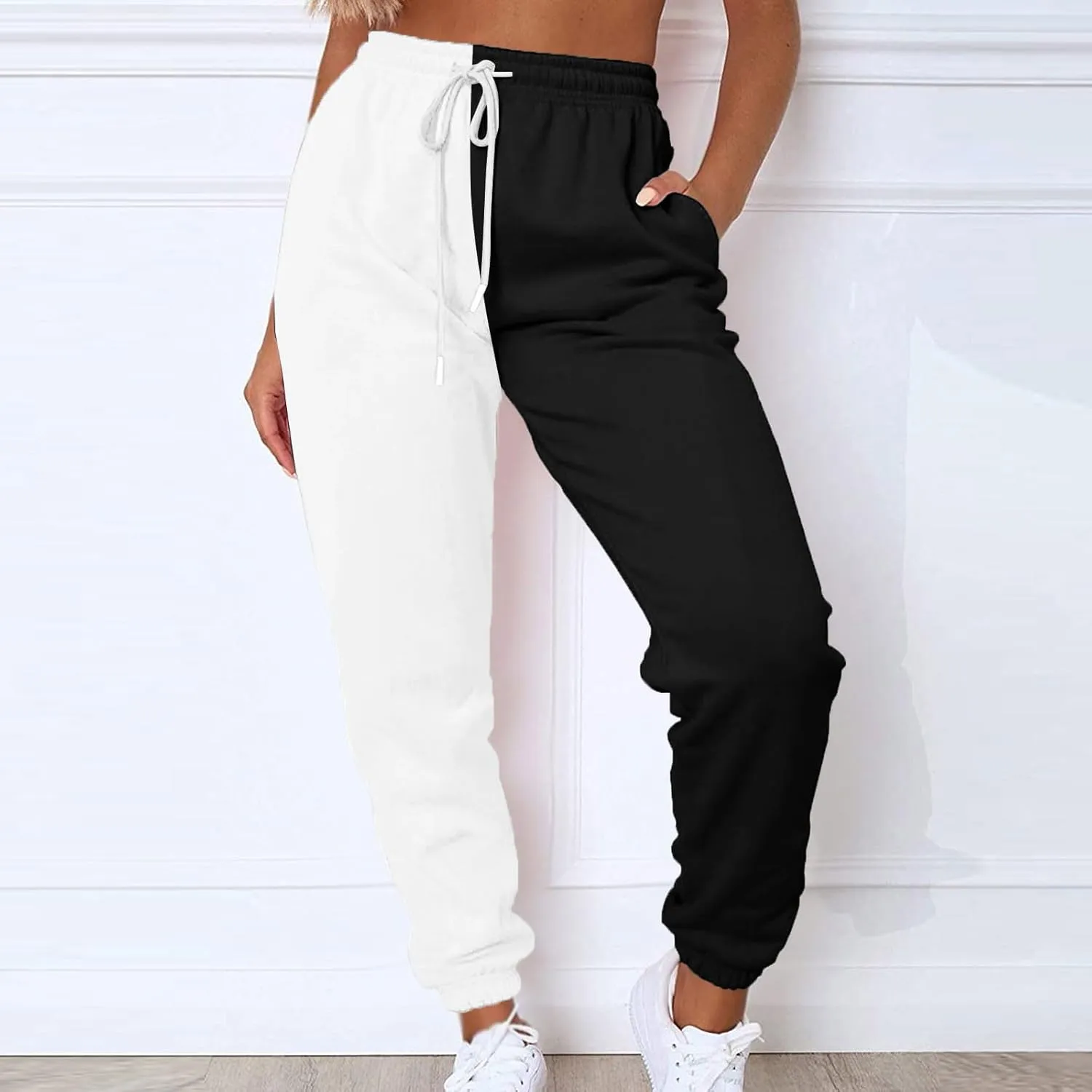 Women Sweatpant Casual Color Block Patchwork Trouser Elastic High Waist Drawstring Joggers Baggy Pants with Pockets