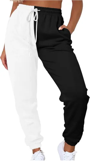 Women Sweatpant Casual Color Block Patchwork Trouser Elastic High Waist Drawstring Joggers Baggy Pants with Pockets