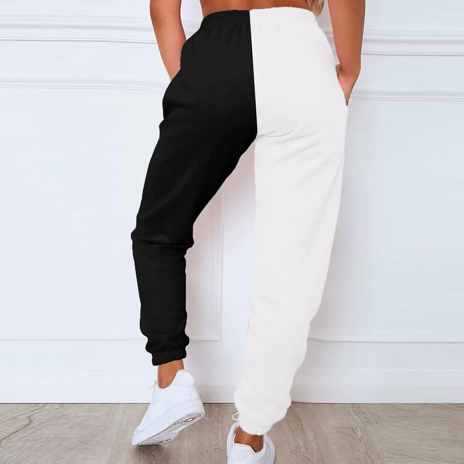 Women Sweatpant Casual Color Block Patchwork Trouser Elastic High Waist Drawstring Joggers Baggy Pants with Pockets