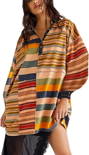 Women Sweatshirt Dress Y2k Striped Pullover Tops Colorblock Hoodie Dresses Button Oversized Sweatshirts Fall Fashion