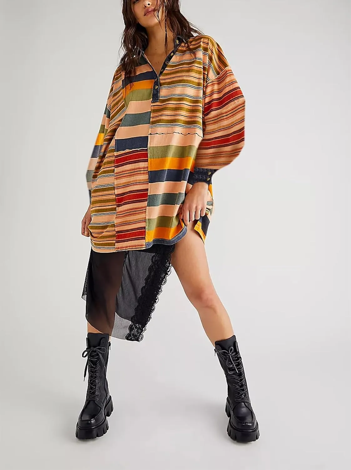 Women Sweatshirt Dress Y2k Striped Pullover Tops Colorblock Hoodie Dresses Button Oversized Sweatshirts Fall Fashion