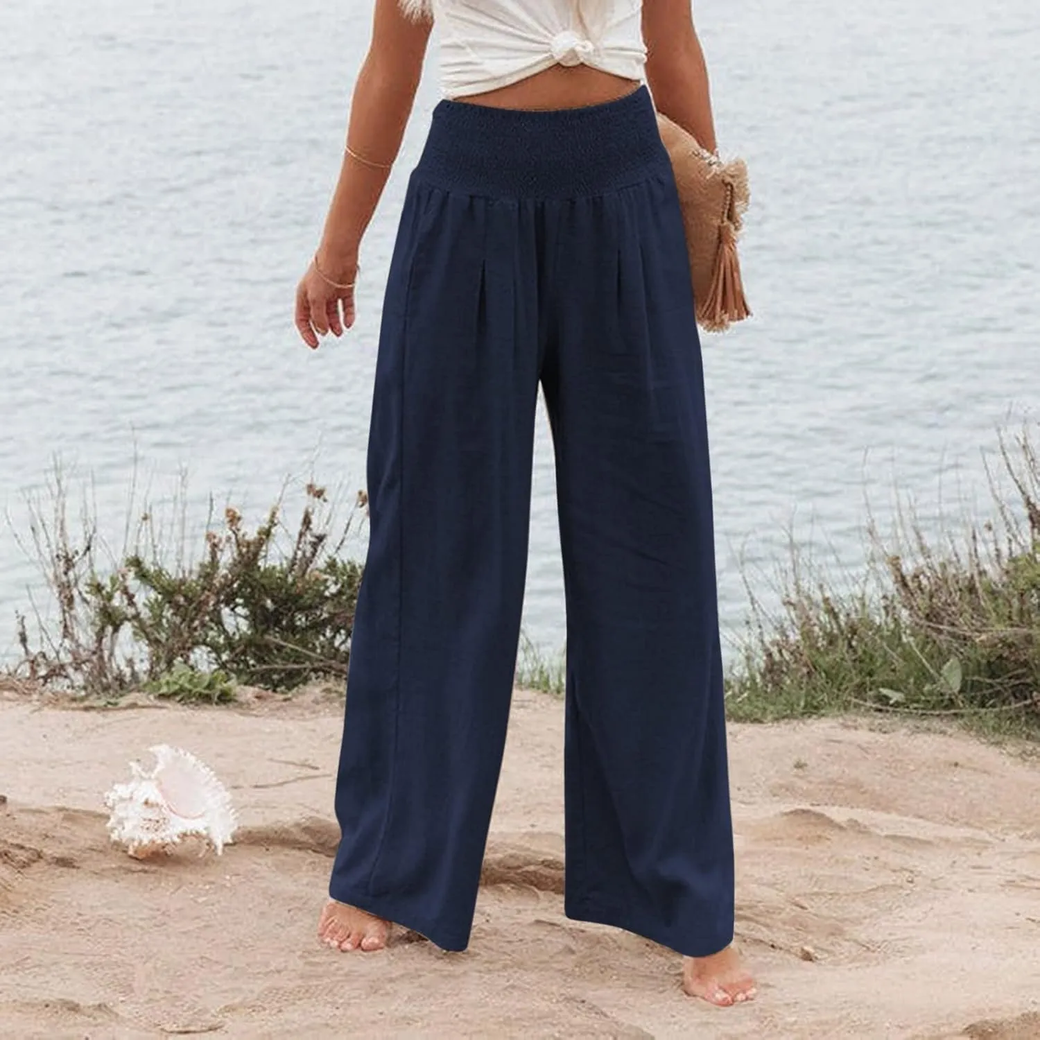 Women Wide Leg Cotton Linen Pants,Summer Boho Beach Yoga Palazzo Pant High Waist Loose Lounge Trousers with Pockets
