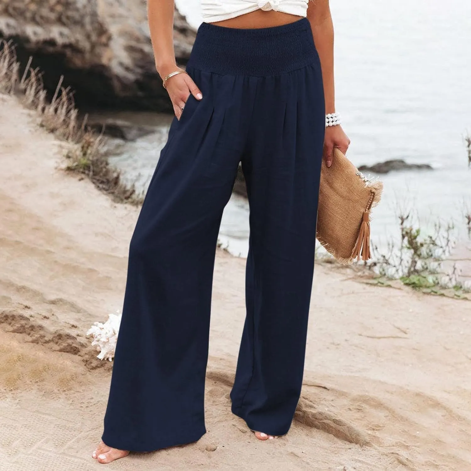Women Wide Leg Cotton Linen Pants,Summer Boho Beach Yoga Palazzo Pant High Waist Loose Lounge Trousers with Pockets