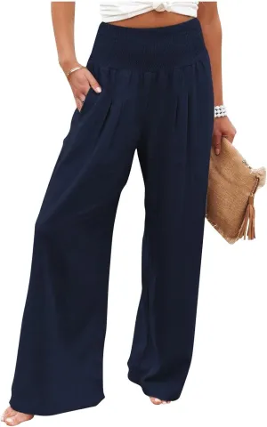 Women Wide Leg Cotton Linen Pants,Summer Boho Beach Yoga Palazzo Pant High Waist Loose Lounge Trousers with Pockets