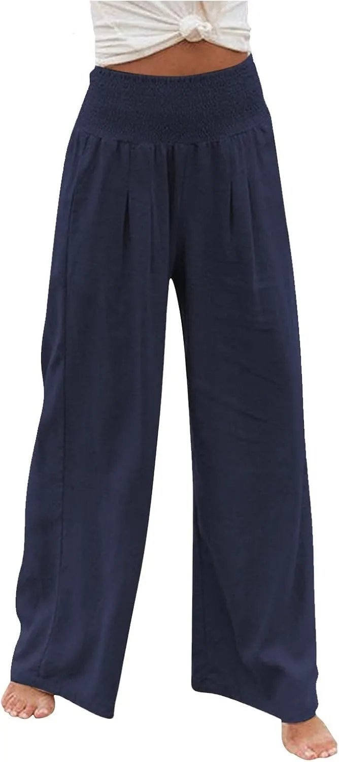 Women Wide Leg Cotton Linen Pants,Summer Boho Beach Yoga Palazzo Pant High Waist Loose Lounge Trousers with Pockets