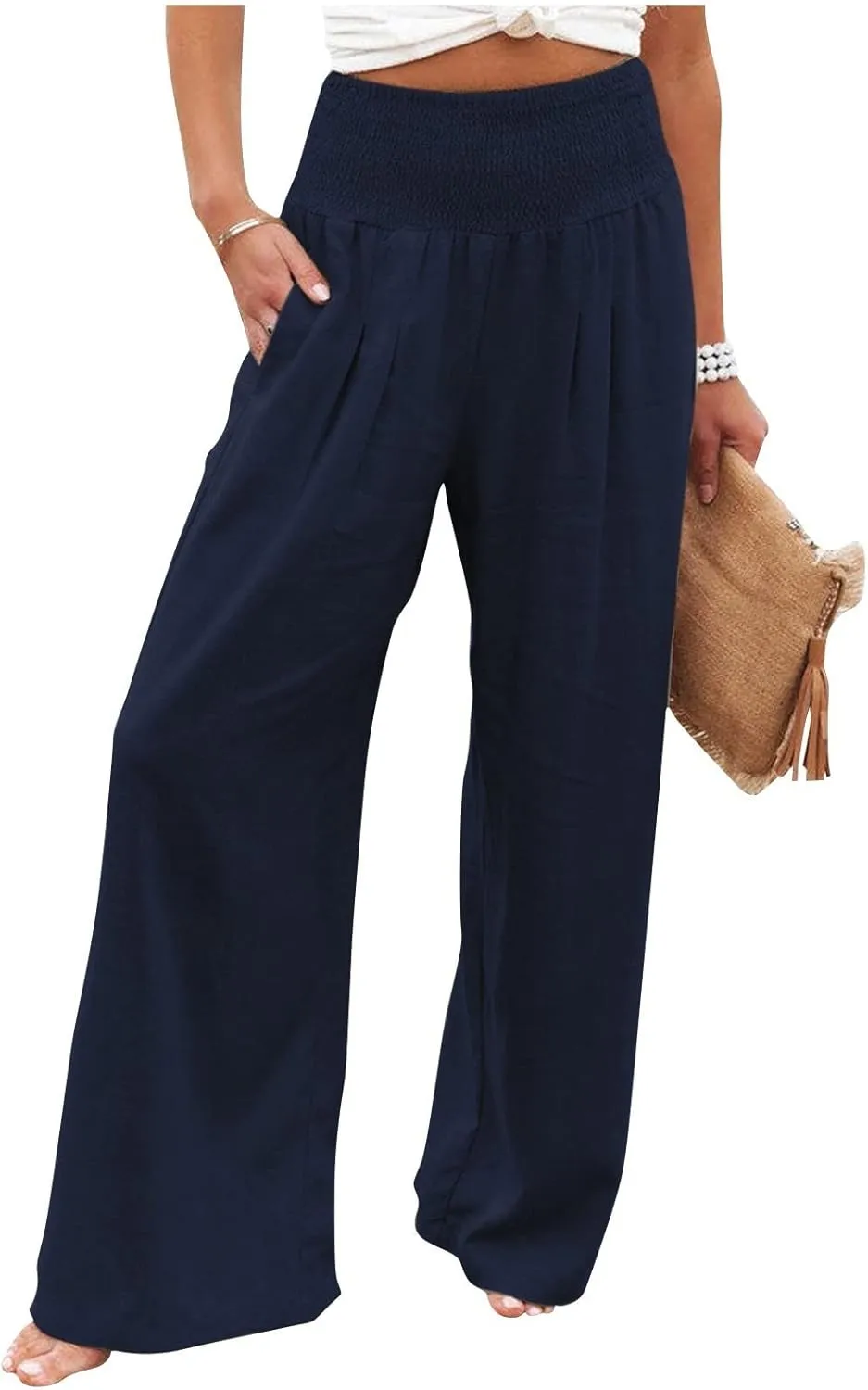 Women Wide Leg Cotton Linen Pants,Summer Boho Beach Yoga Palazzo Pant High Waist Loose Lounge Trousers with Pockets