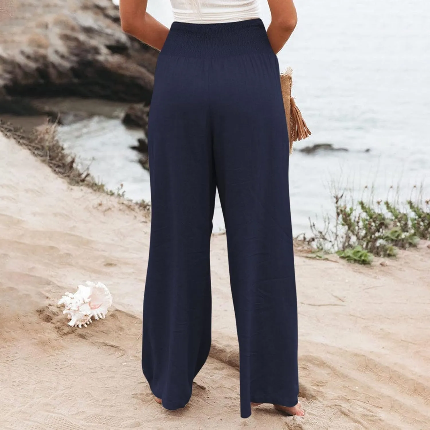 Women Wide Leg Cotton Linen Pants,Summer Boho Beach Yoga Palazzo Pant High Waist Loose Lounge Trousers with Pockets