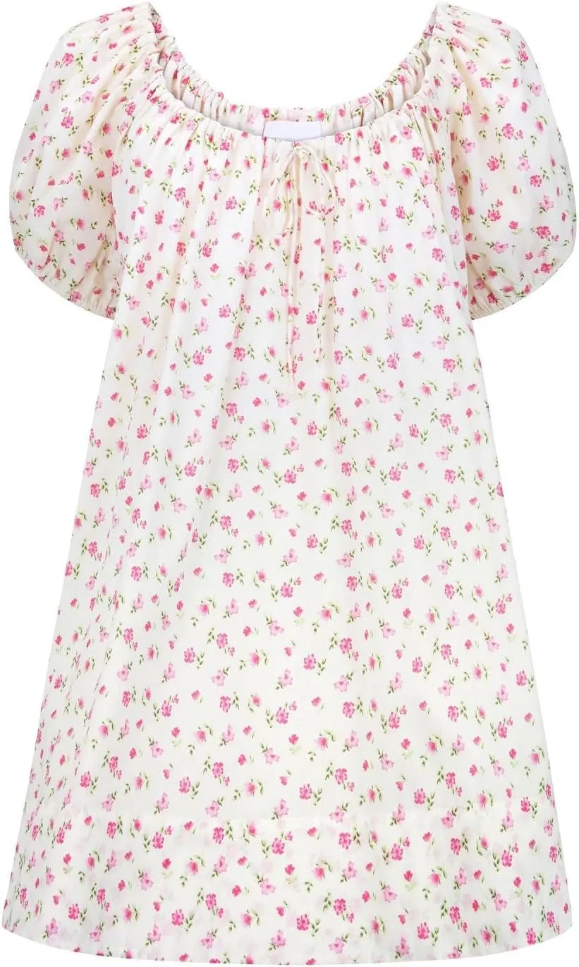 Women Y2k Babydoll Mini Dress Gingham Short Puff Sleeve Square Neck Dress Floral Fairy Loose Fit Sundresses