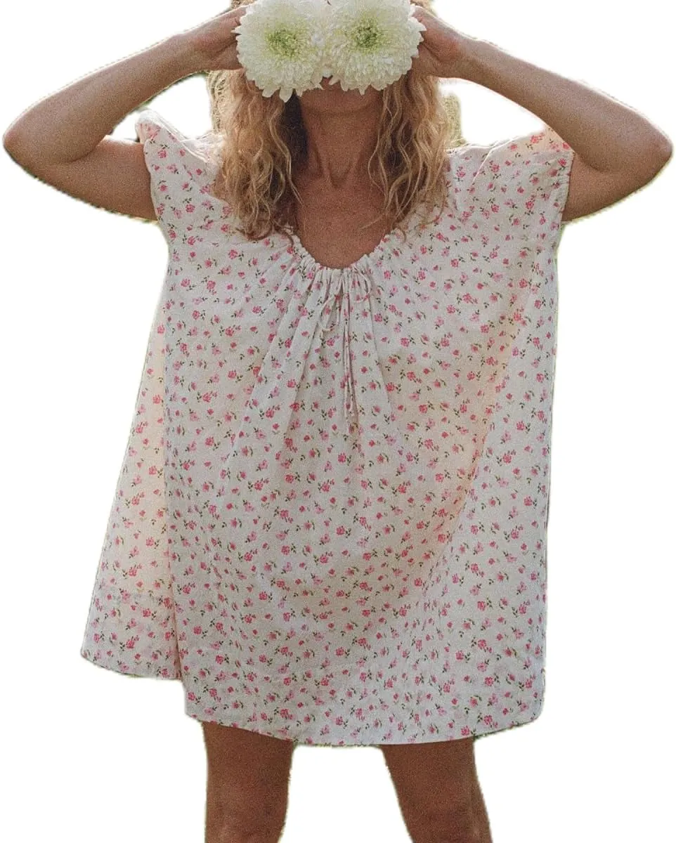 Women Y2k Babydoll Mini Dress Gingham Short Puff Sleeve Square Neck Dress Floral Fairy Loose Fit Sundresses