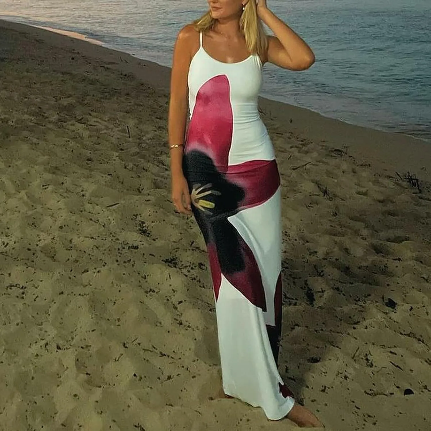Women Y2k Floral Bodycon Maxi Dress Spaghetti Strap Low Cut Slip Long Dress Summer Going Out Beach Sundress
