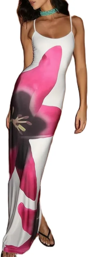 Women Y2k Floral Bodycon Maxi Dress Spaghetti Strap Low Cut Slip Long Dress Summer Going Out Beach Sundress