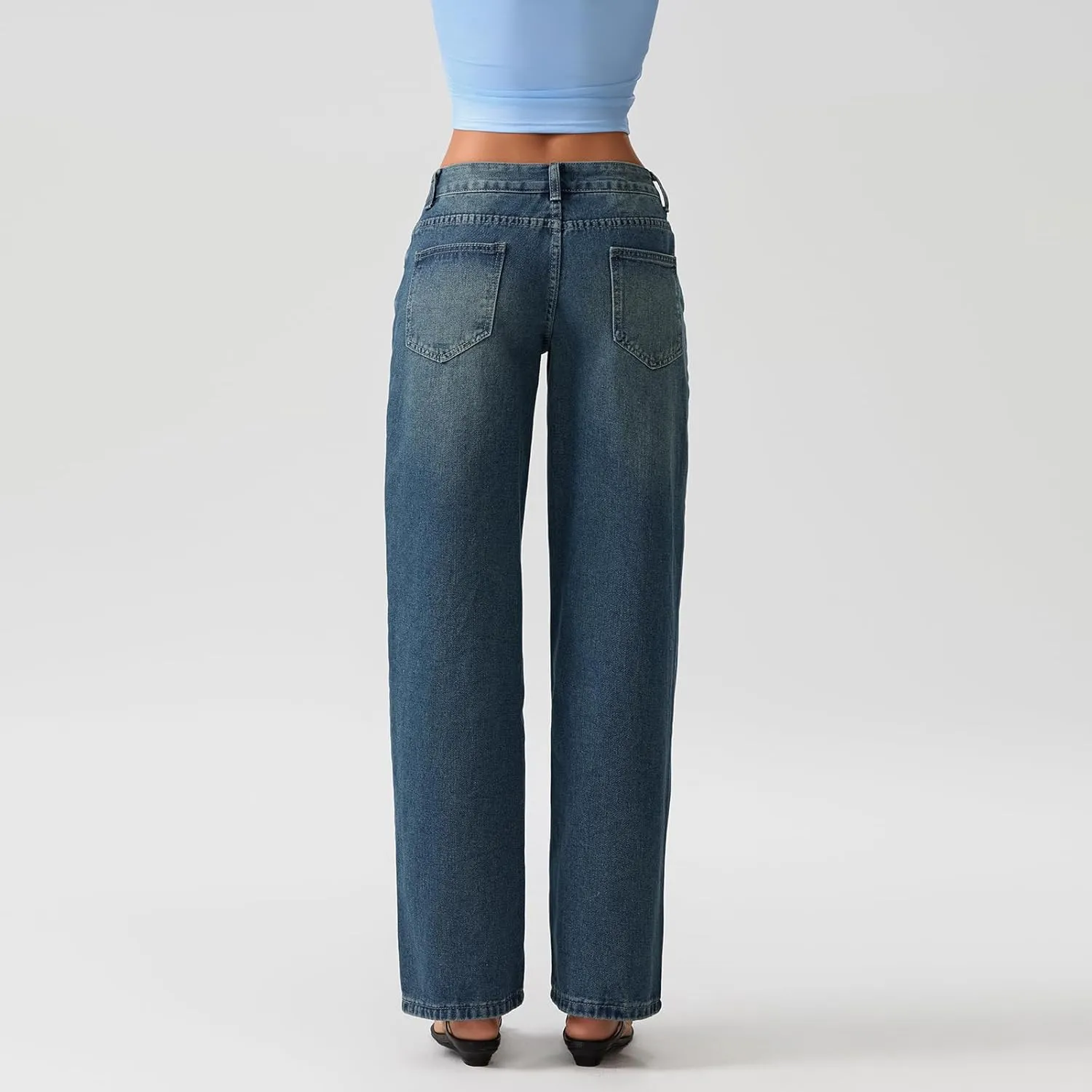 Women Y2k Low Rise Baggy Jeans Loose Fit Boyfriend Straight Wide Leg Jeans Trendy Stretch Long Denim Pants