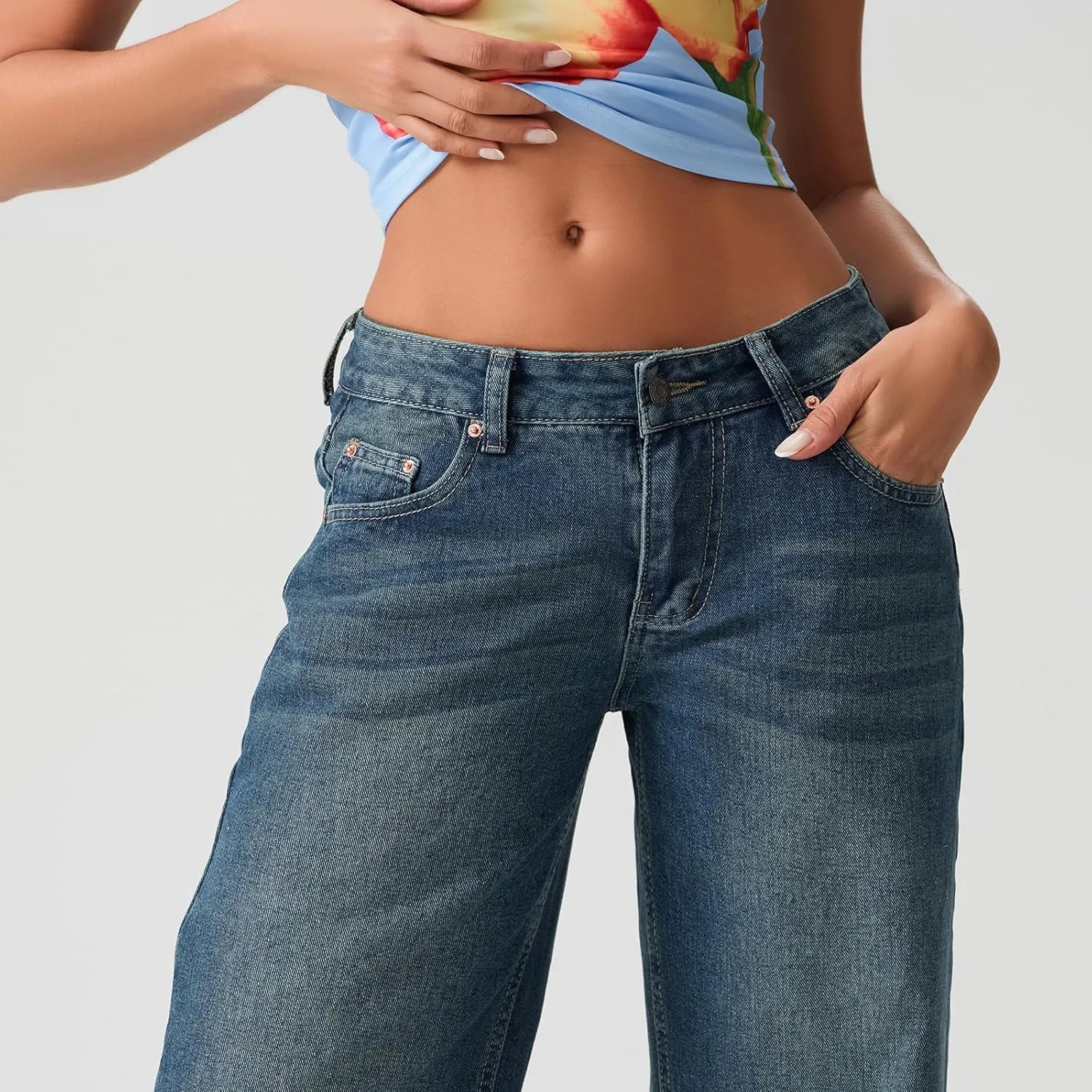 Women Y2k Low Rise Baggy Jeans Loose Fit Boyfriend Straight Wide Leg Jeans Trendy Stretch Long Denim Pants