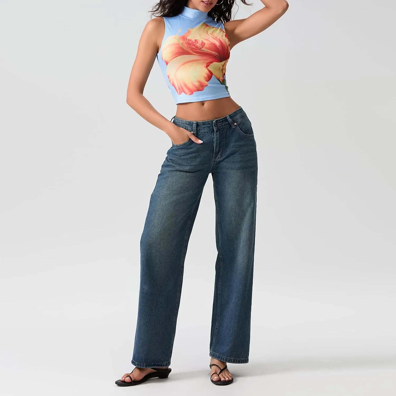 Women Y2k Low Rise Baggy Jeans Loose Fit Boyfriend Straight Wide Leg Jeans Trendy Stretch Long Denim Pants