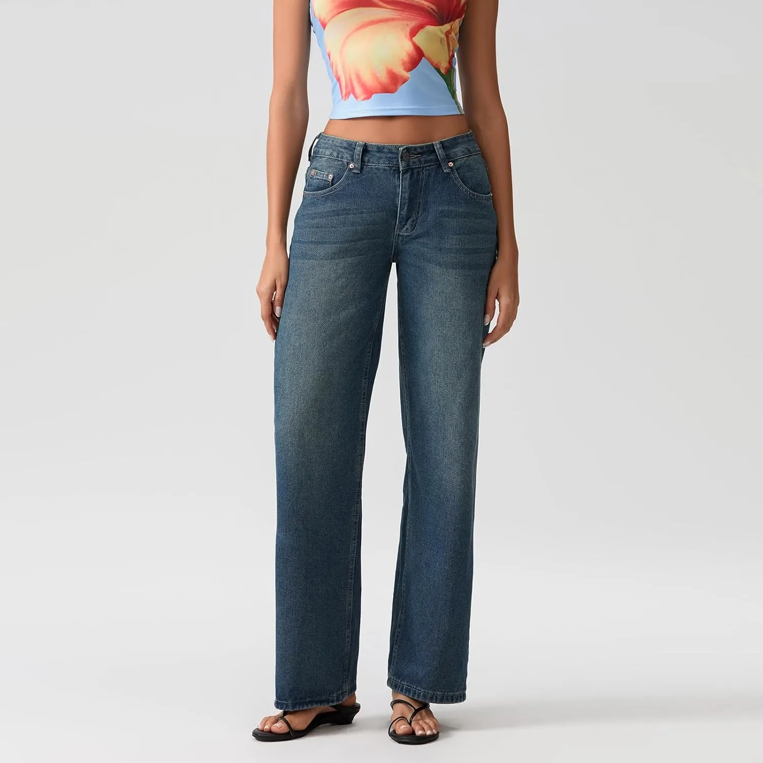 Women Y2k Low Rise Baggy Jeans Loose Fit Boyfriend Straight Wide Leg Jeans Trendy Stretch Long Denim Pants