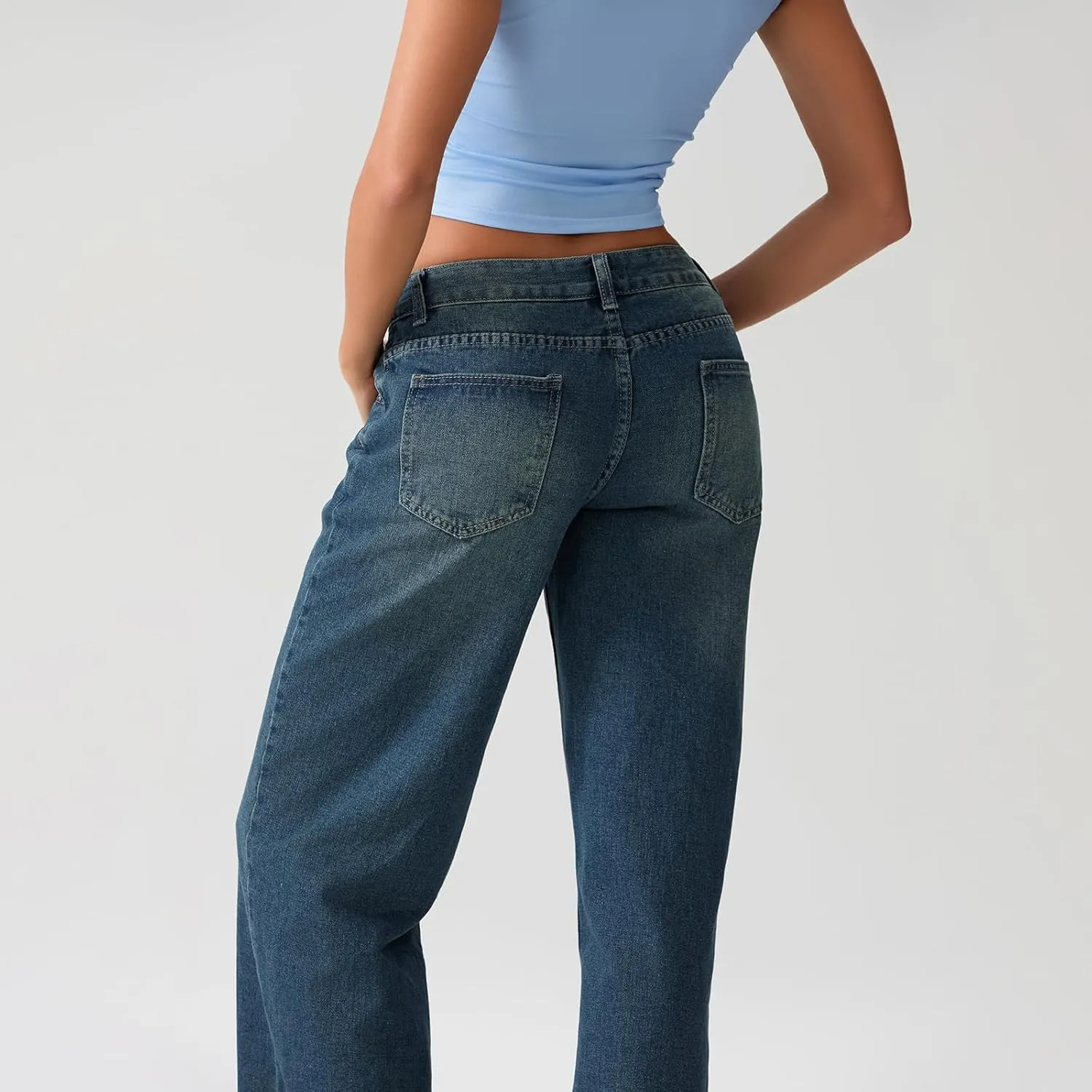 Women Y2k Low Rise Baggy Jeans Loose Fit Boyfriend Straight Wide Leg Jeans Trendy Stretch Long Denim Pants