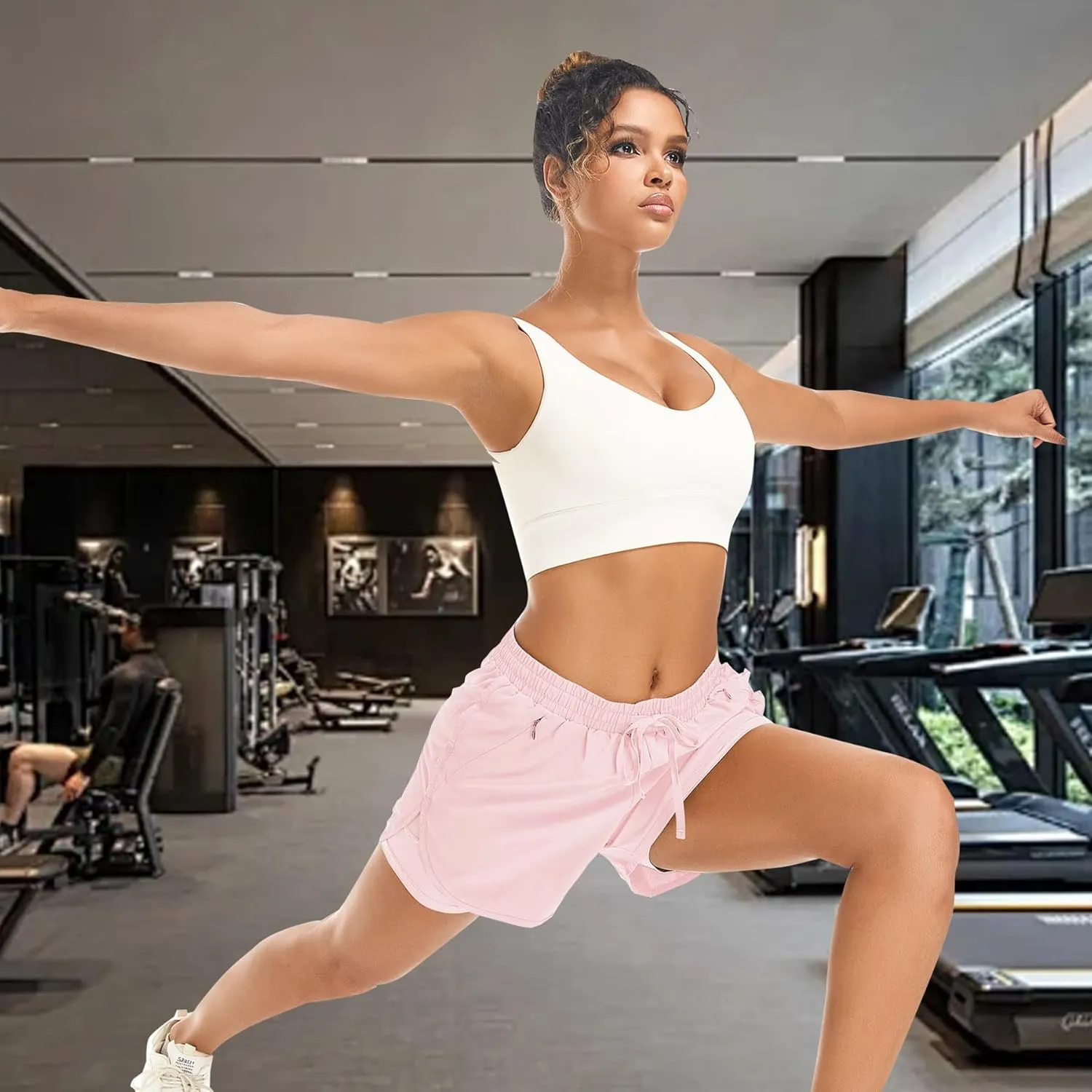 Women's 2 in 1 Athletic Running Shorts High Waisted Workout Casual Gym Sweat Shorts Mesh Comfy Liner Zipper Pockets
