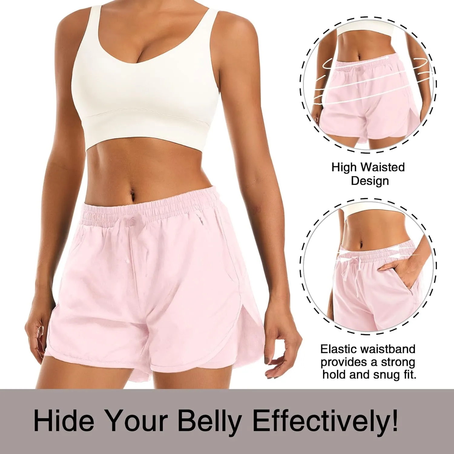 Women's 2 in 1 Athletic Running Shorts High Waisted Workout Casual Gym Sweat Shorts Mesh Comfy Liner Zipper Pockets