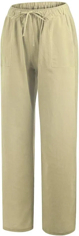Women's 2024 Summer Pants Linen Cotton Breathable Casual Trousers Straight Wide Leg Drawstring Elastic Waist Palazzo Pants