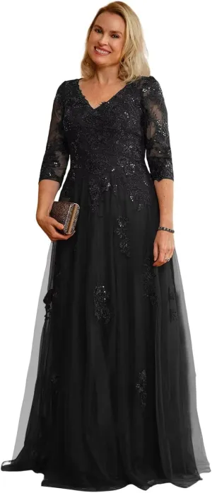 Women's 3/4 Sleeve Mother of The Bride Dresses 2025 Lace Applique Pleated Formal Party Dress DE222