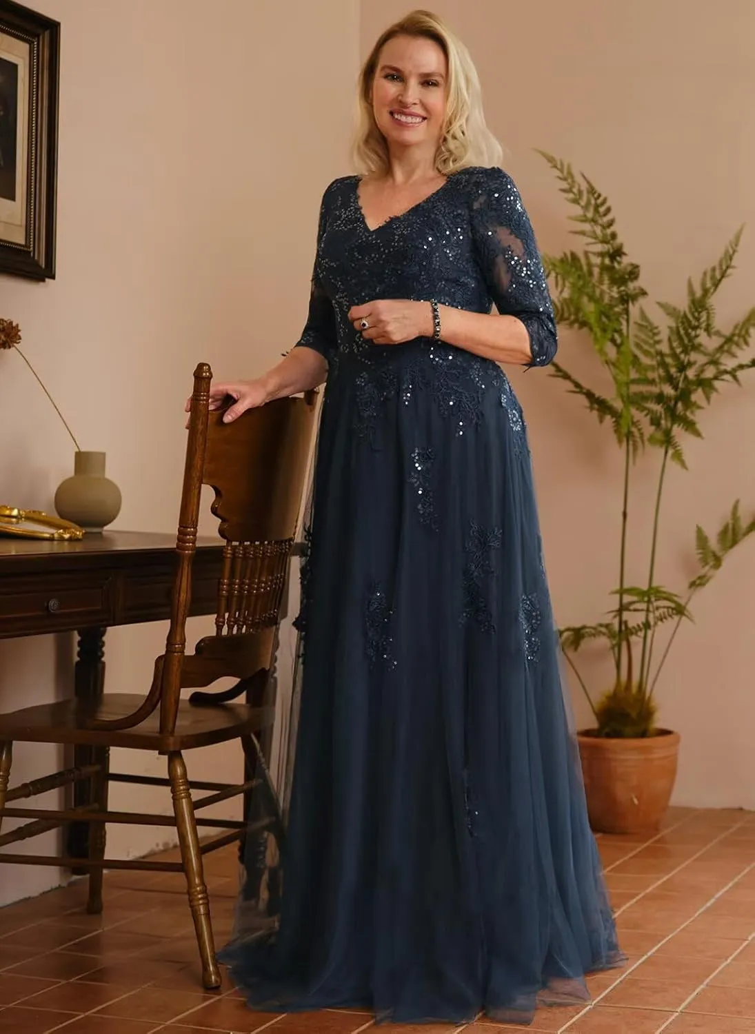 Women's 3/4 Sleeve Mother of The Bride Dresses 2025 Lace Applique Pleated Formal Party Dress DE222