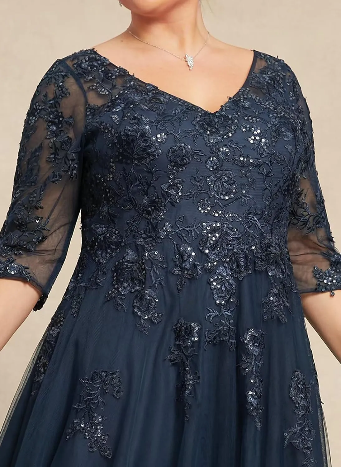 Women's 3/4 Sleeve Mother of The Bride Dresses 2025 Lace Applique Pleated Formal Party Dress DE222