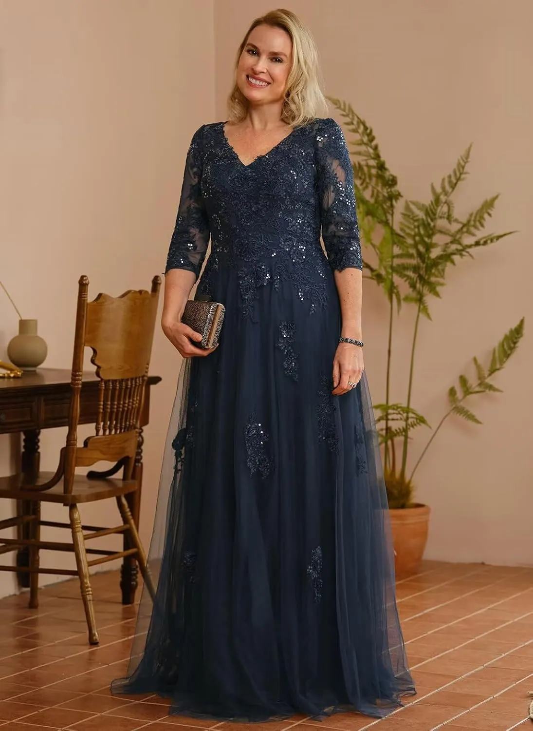 Women's 3/4 Sleeve Mother of The Bride Dresses 2025 Lace Applique Pleated Formal Party Dress DE222