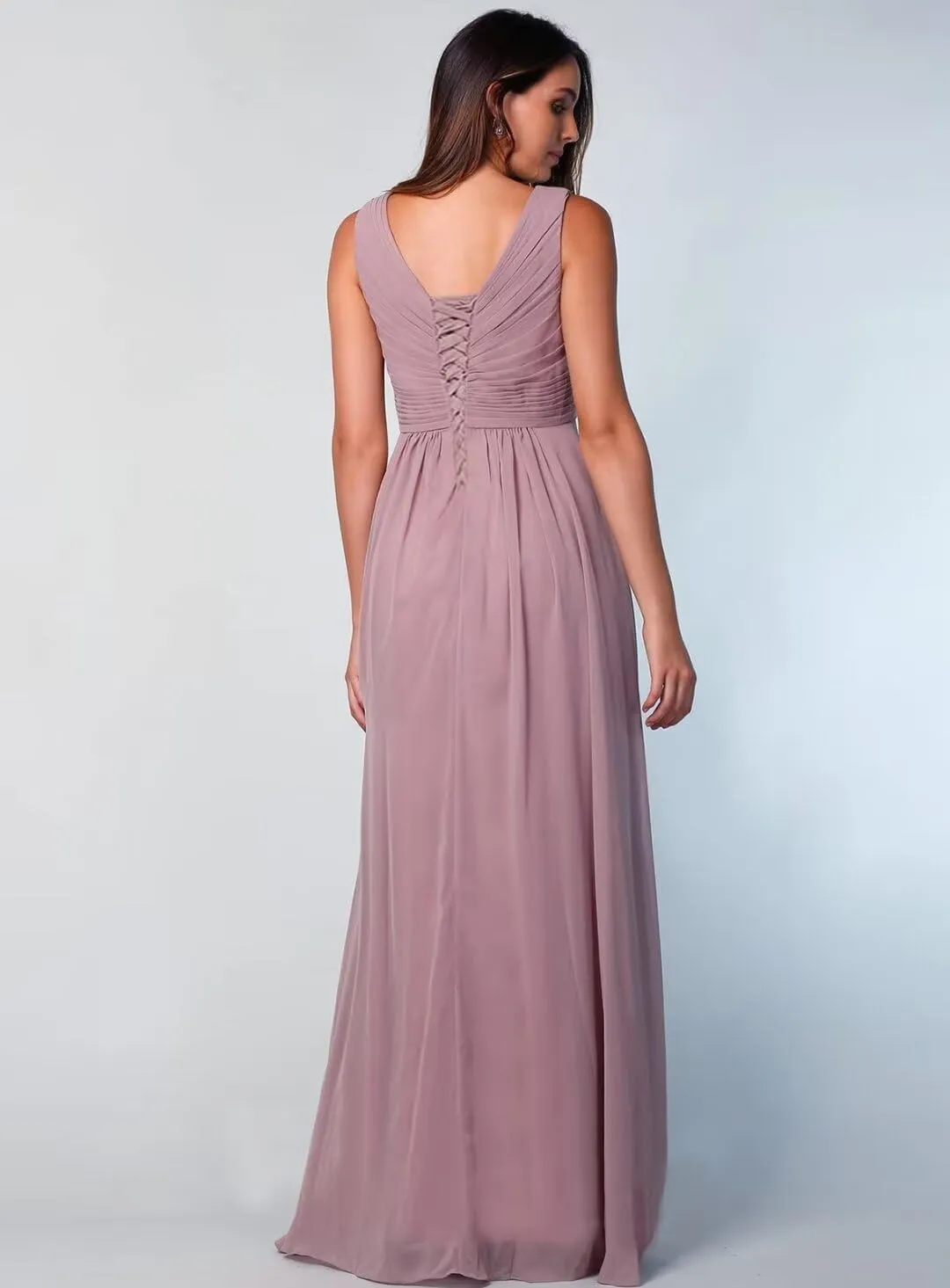 Womens A Line V Neck Bridesmaid Dresses, Pleated Long Chiffon Formal Evening Party Gown with Side Slit