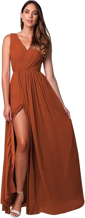 Womens A Line V Neck Bridesmaid Dresses, Pleated Long Chiffon Formal Evening Party Gown with Side Slit