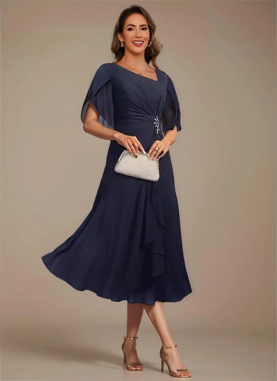 Women's Asymmetrical Neck Mother of The Bride Dresses with Beaded 2025 Flutter Sleeve Chiffon Formal Evening Gown DE235