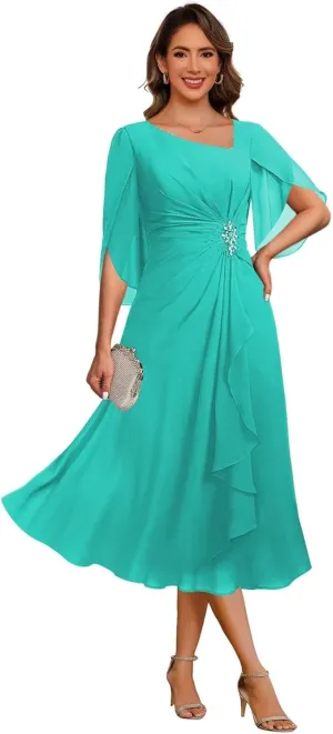 Women's Asymmetrical Neck Mother of The Bride Dresses with Beaded 2025 Flutter Sleeve Chiffon Formal Evening Gown DE235
