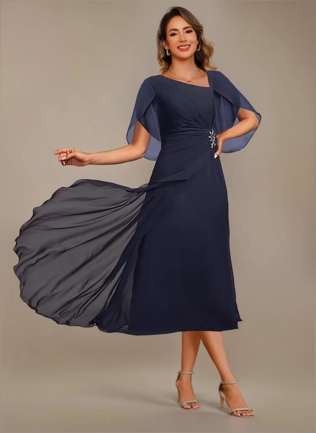 Women's Asymmetrical Neck Mother of The Bride Dresses with Beaded 2025 Flutter Sleeve Chiffon Formal Evening Gown DE235
