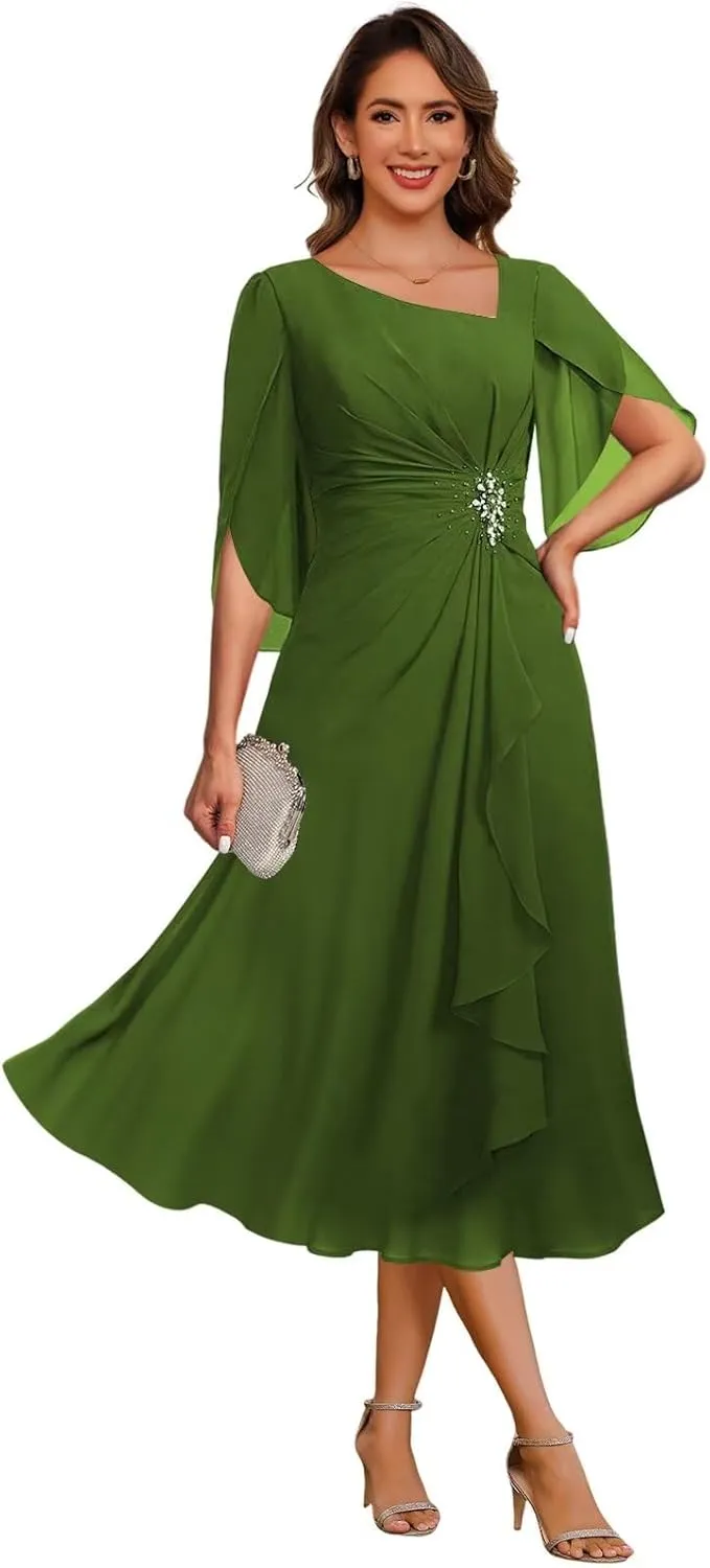 Women's Asymmetrical Neck Mother of The Bride Dresses with Beaded 2025 Flutter Sleeve Chiffon Formal Evening Gown DE235