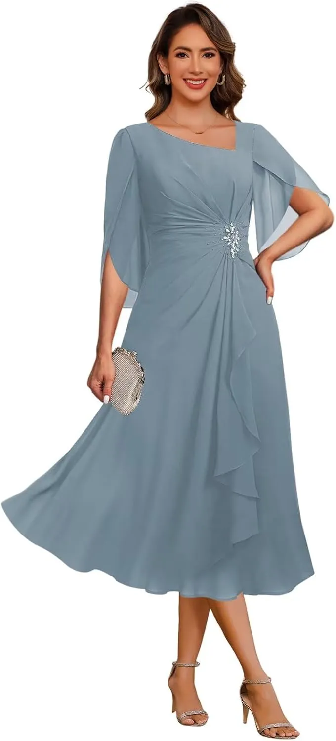 Women's Asymmetrical Neck Mother of The Bride Dresses with Beaded 2025 Flutter Sleeve Chiffon Formal Evening Gown DE235