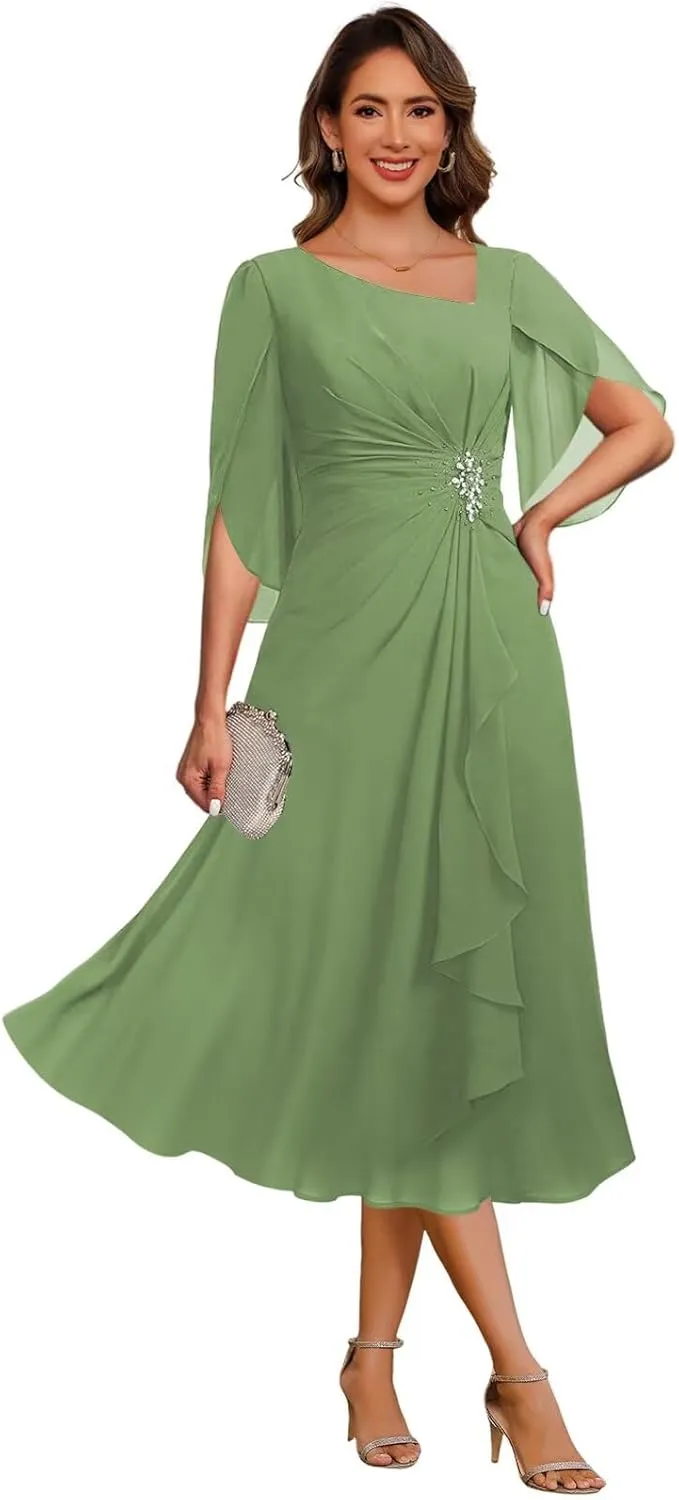 Women's Asymmetrical Neck Mother of The Bride Dresses with Beaded 2025 Flutter Sleeve Chiffon Formal Evening Gown DE235