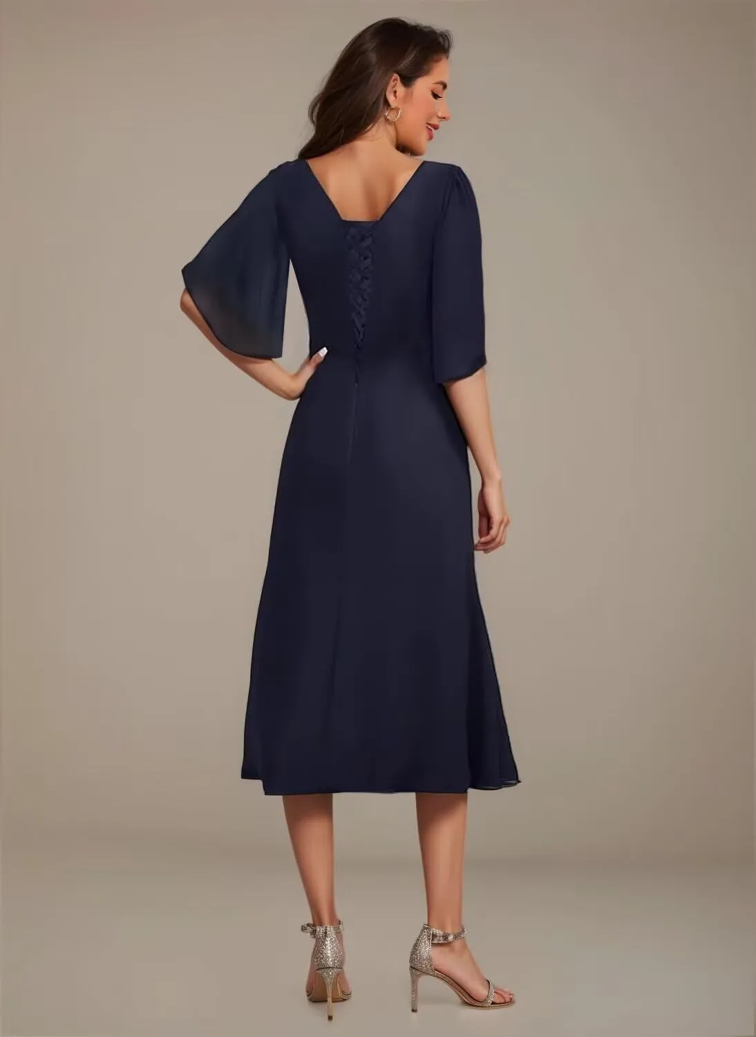 Women's Asymmetrical Neck Mother of The Bride Dresses with Beaded 2025 Flutter Sleeve Chiffon Formal Evening Gown DE235