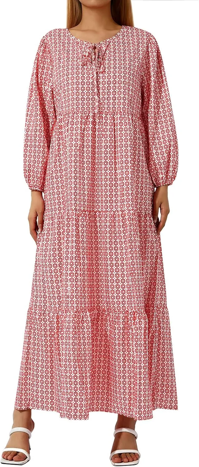 Women's Boho Casual Maxi Dress Bohemian Floral V Neck Puff Short Sleeve Summer Beach Tiered Sundress Long Swing Dress