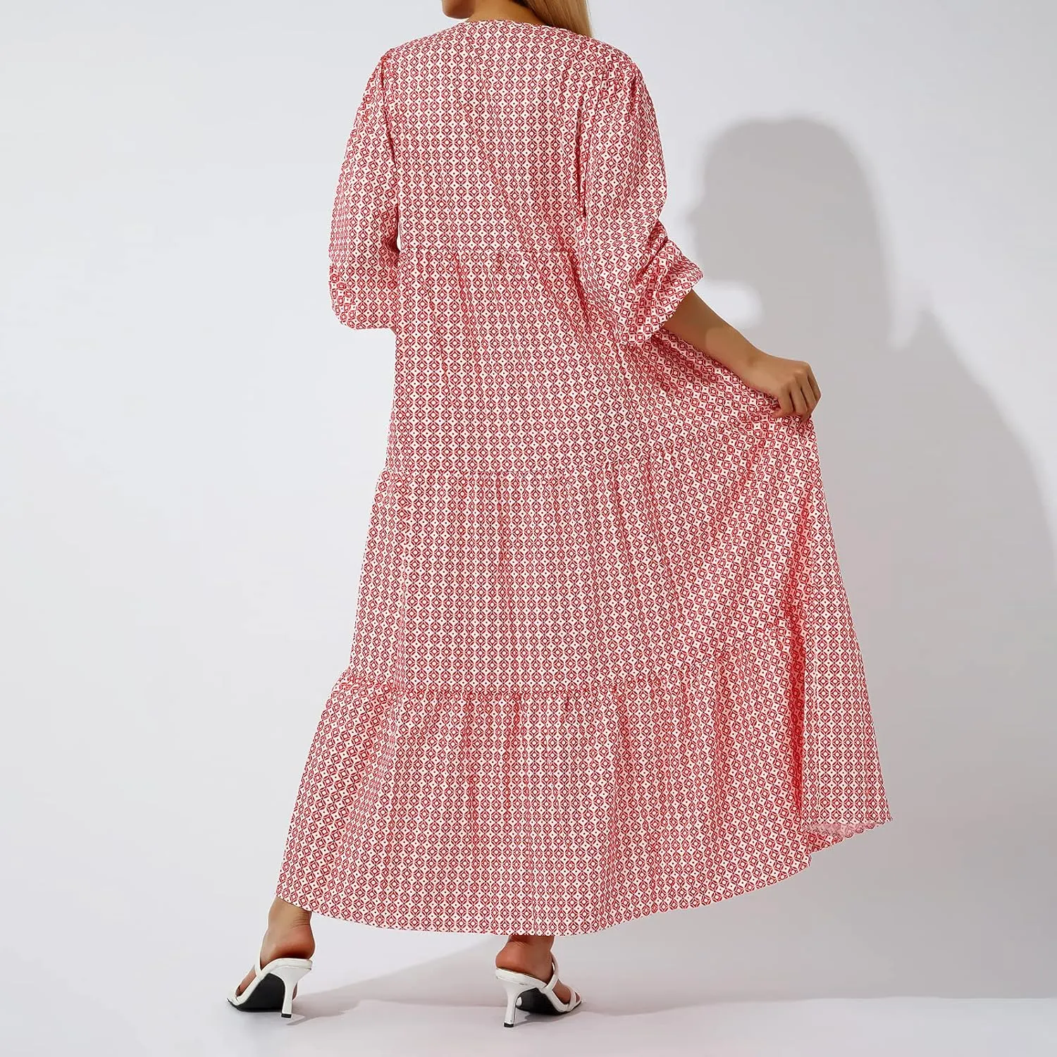 Women's Boho Casual Maxi Dress Bohemian Floral V Neck Puff Short Sleeve Summer Beach Tiered Sundress Long Swing Dress