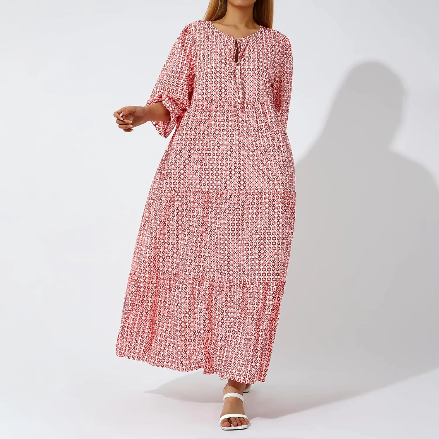 Women's Boho Casual Maxi Dress Bohemian Floral V Neck Puff Short Sleeve Summer Beach Tiered Sundress Long Swing Dress