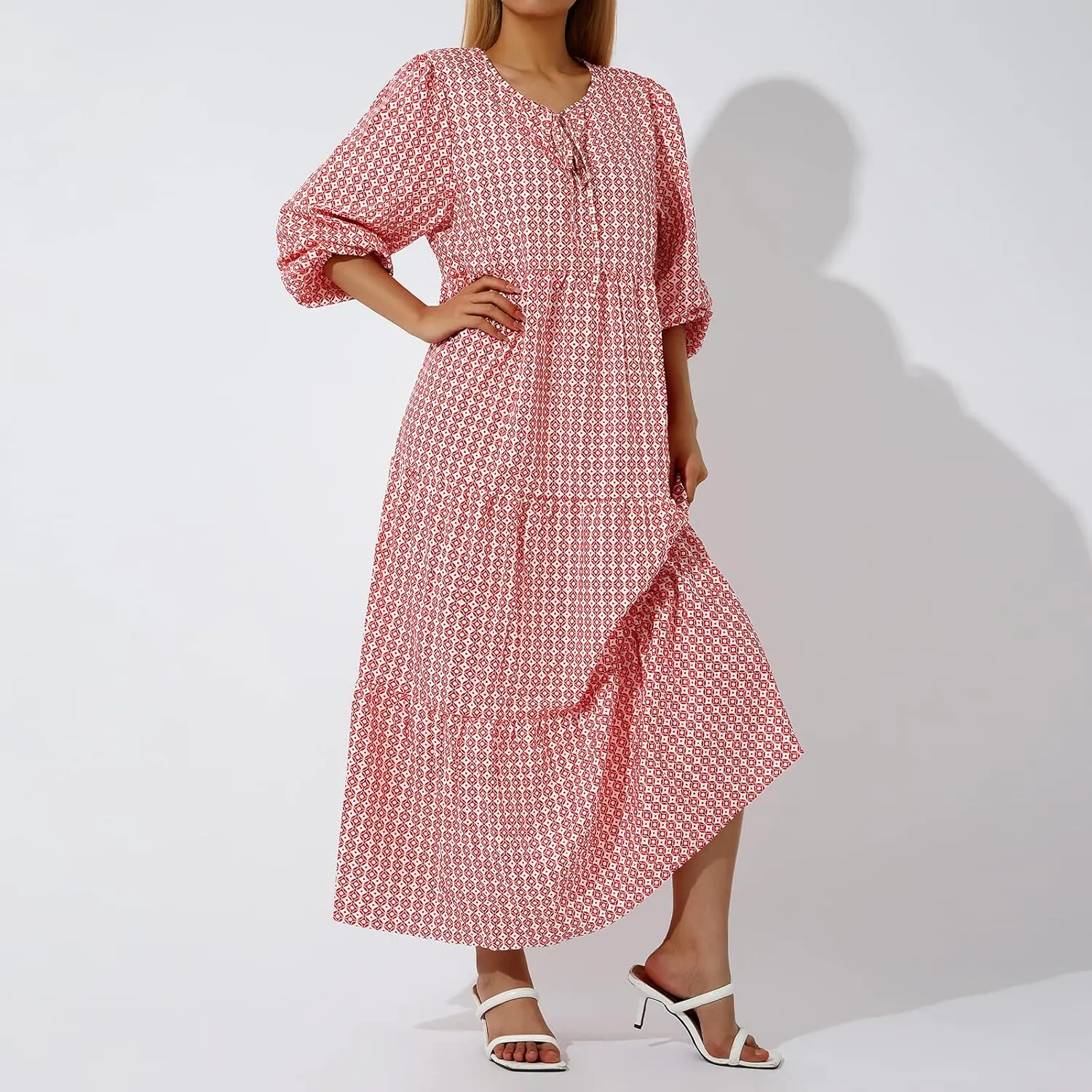 Women's Boho Casual Maxi Dress Bohemian Floral V Neck Puff Short Sleeve Summer Beach Tiered Sundress Long Swing Dress