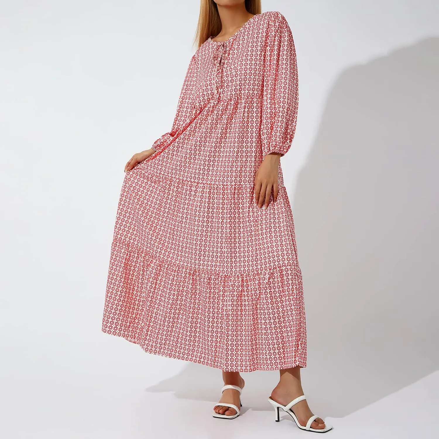 Women's Boho Casual Maxi Dress Bohemian Floral V Neck Puff Short Sleeve Summer Beach Tiered Sundress Long Swing Dress