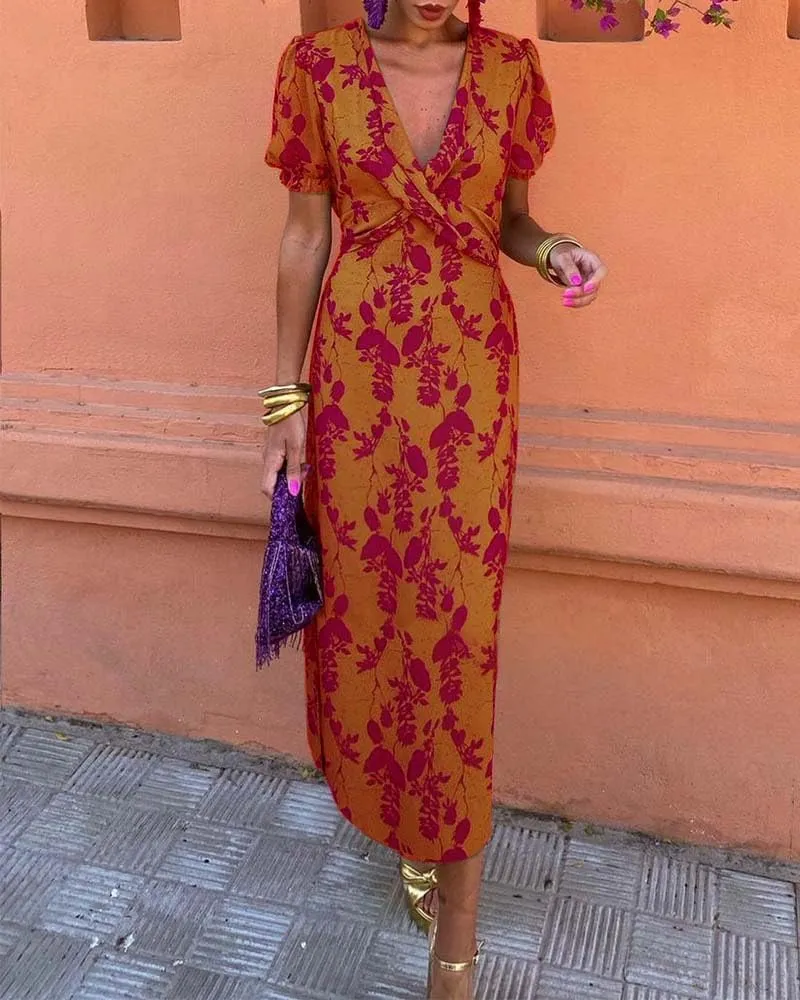 Women's Boho Floral Printed V Neck Maxi Dress Summer Puff Short Sleeve Elegant Prom Bodycon Dresses