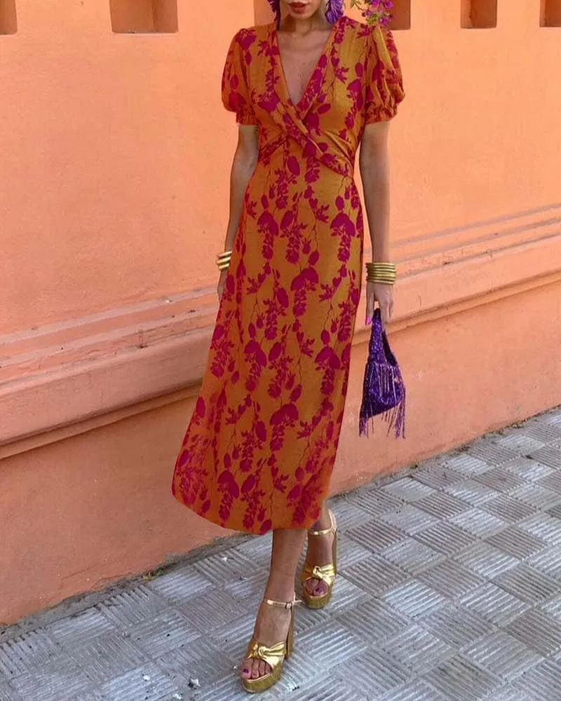 Women's Boho Floral Printed V Neck Maxi Dress Summer Puff Short Sleeve Elegant Prom Bodycon Dresses