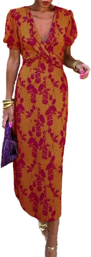 Women's Boho Floral Printed V Neck Maxi Dress Summer Puff Short Sleeve Elegant Prom Bodycon Dresses