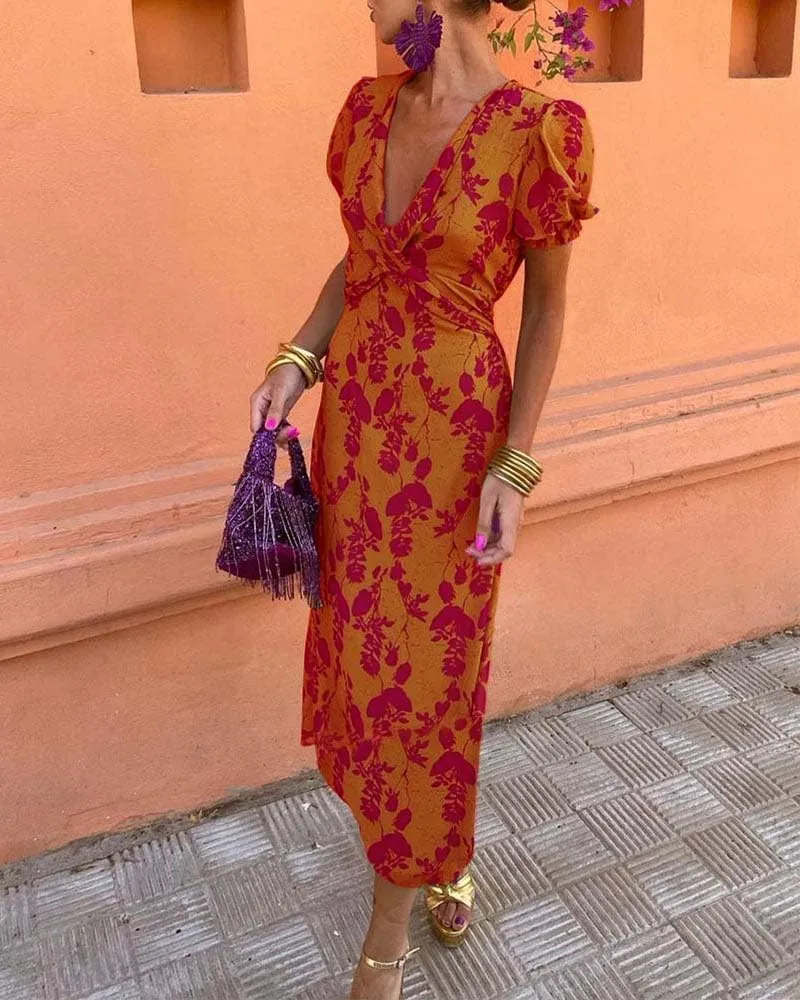 Women's Boho Floral Printed V Neck Maxi Dress Summer Puff Short Sleeve Elegant Prom Bodycon Dresses